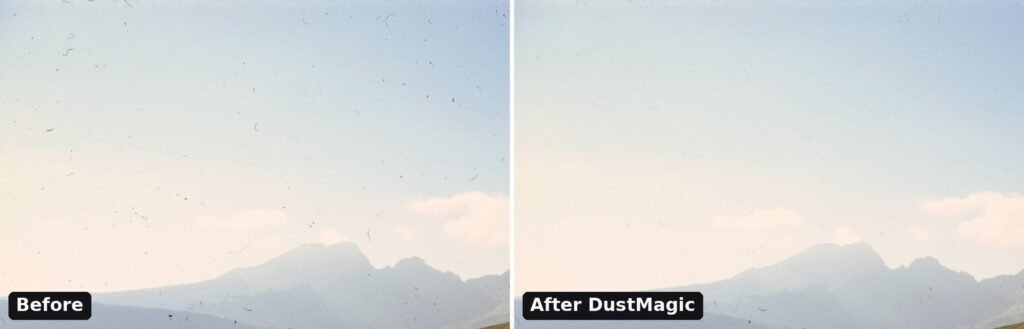 Crop of a dusty color slide scan before and after DustMagic